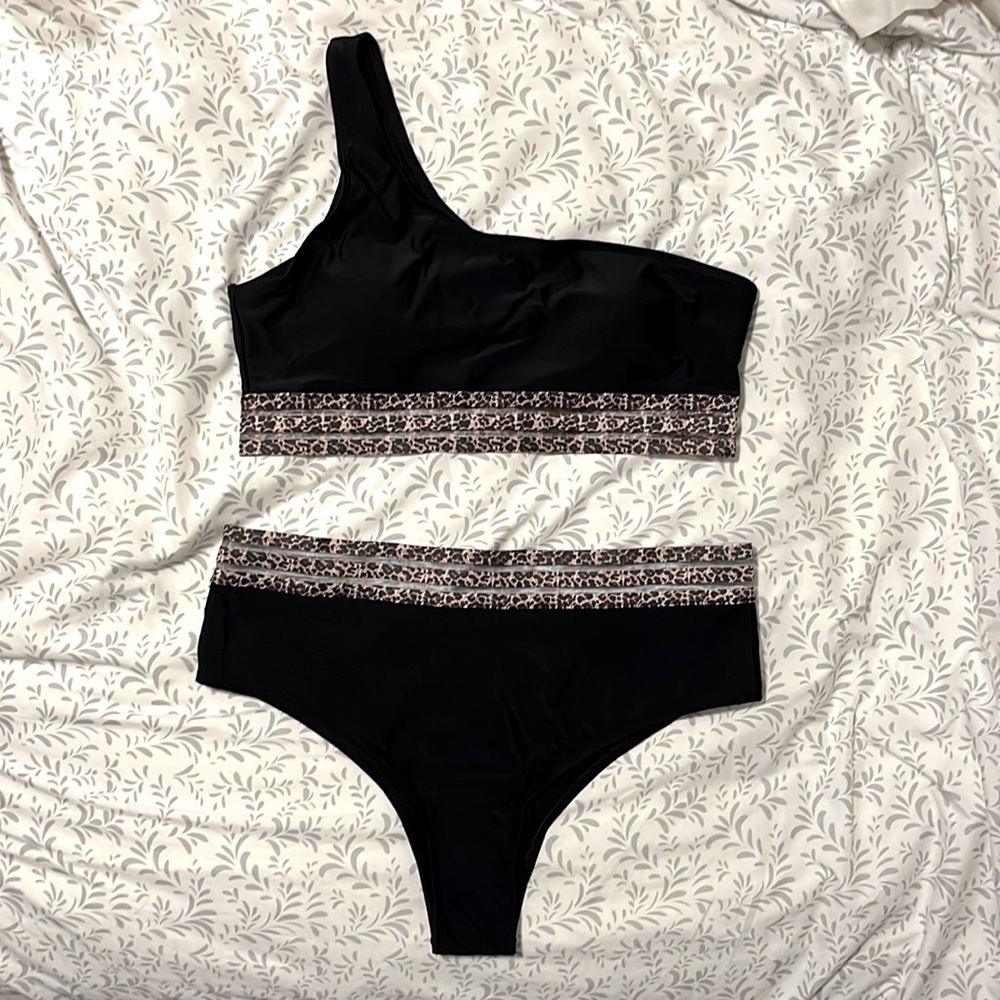 Leopard Mesh Trim Black 2 Piece Bathing Suit - Maternity